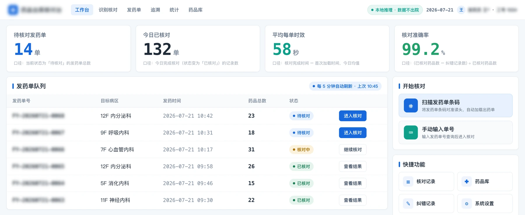 药品出库核对工作台界面