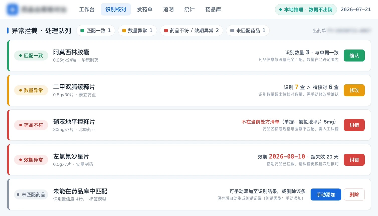 药品出库核对工作台 · 异常拦截
